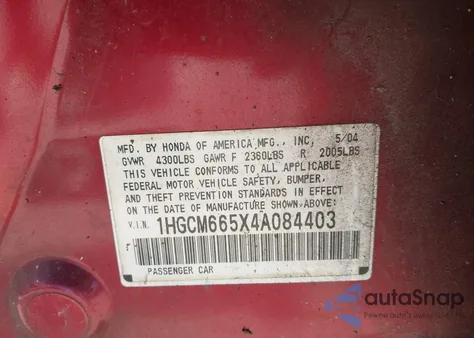 2004 Honda Accord 3.0 Ex из США, поврежденный, VIN 1HGCM665X4A084403